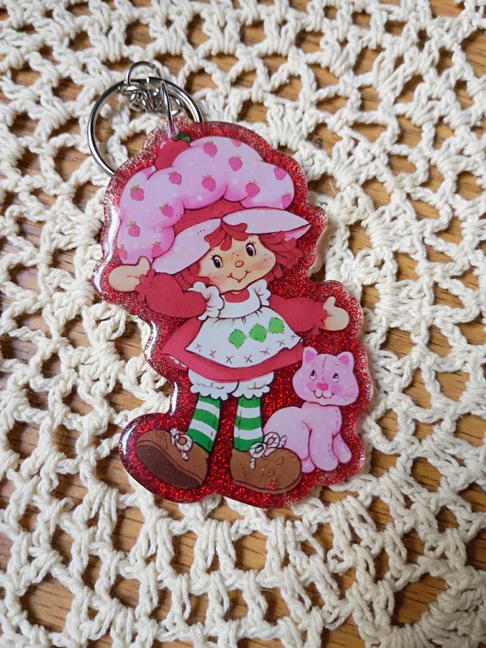 Pink Strawberry Girl Glitter Keychain Card Holder